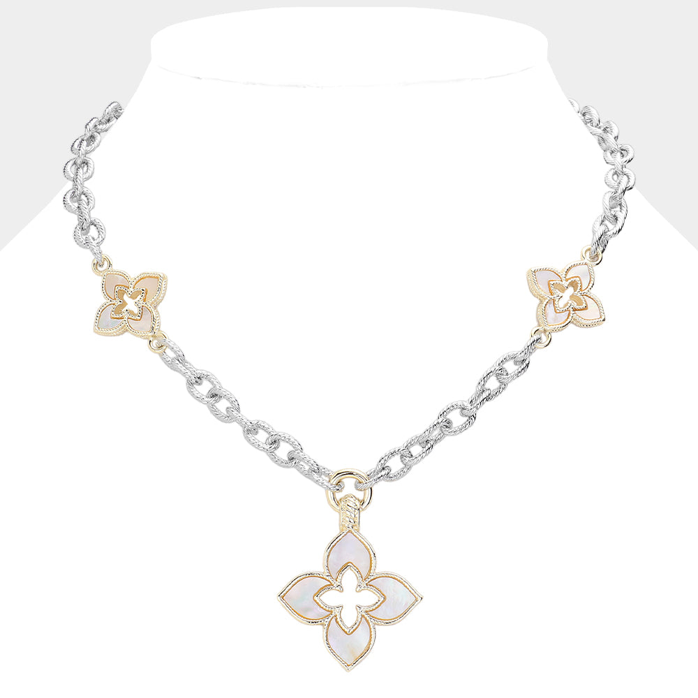14K Gold Plated Mother Of Pearl Clover Pendant Necklace