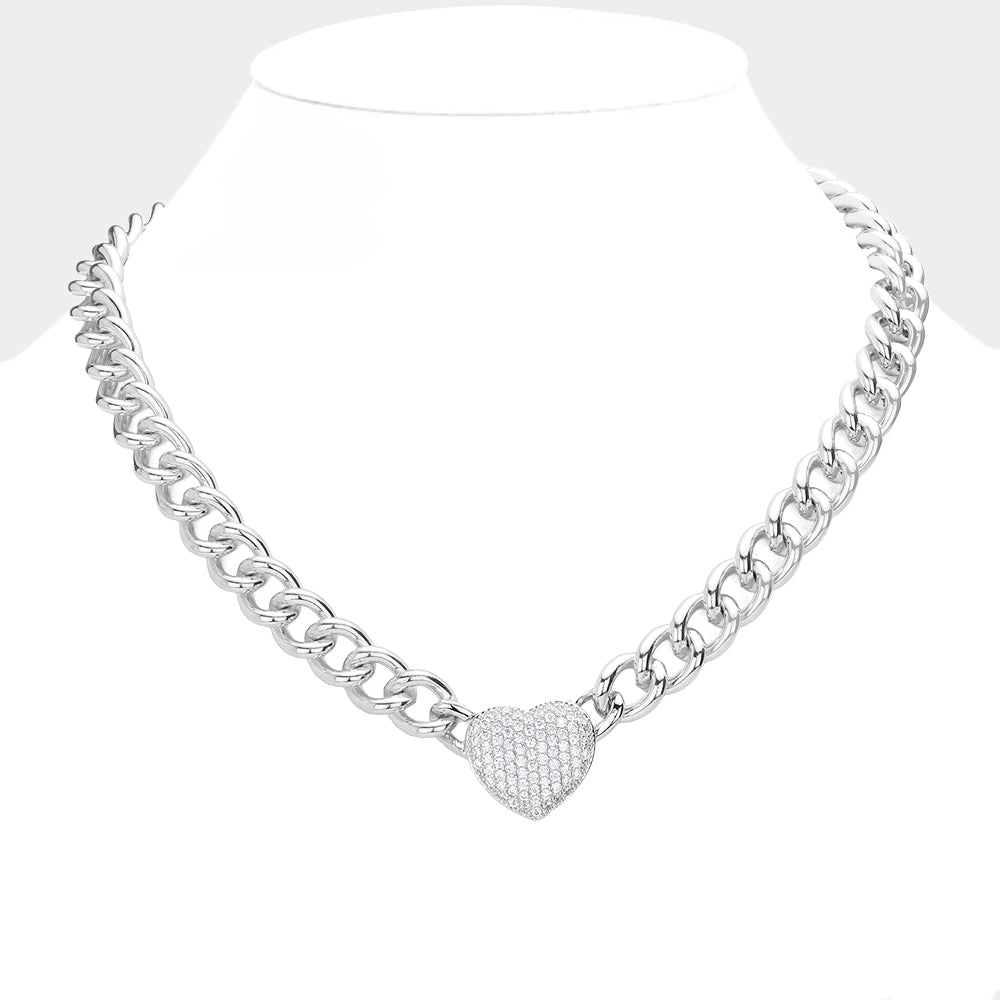 Paved Heart Pendant Toggle Necklace