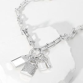 14K Gold Plated Stone Paved Triple Lock Pendant Chain Necklace