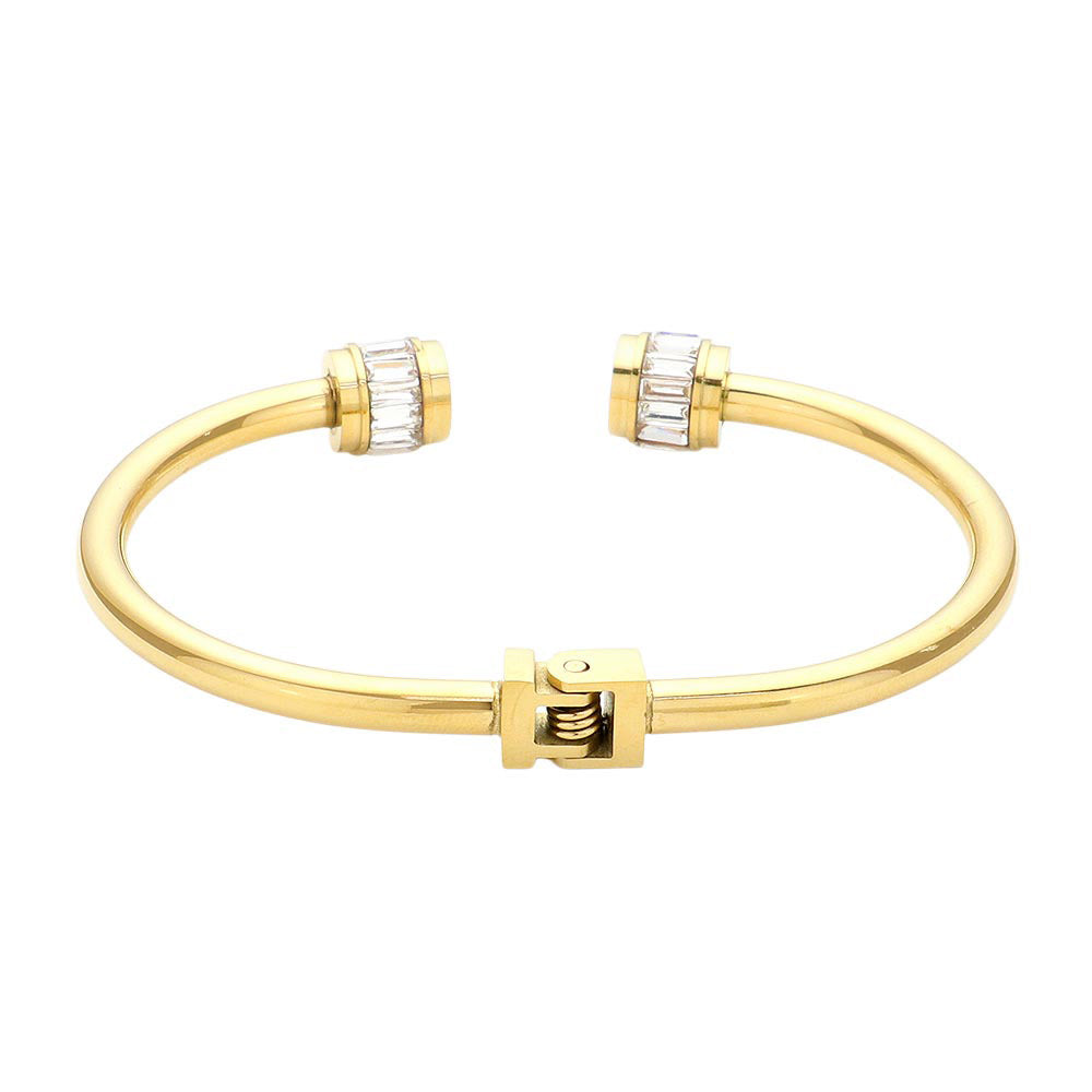Stainless Steel Baguette Stone Nail Head Tip Hinged Cuff