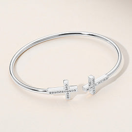 Stainless Steel Stone Paved Cross Tip Cuff