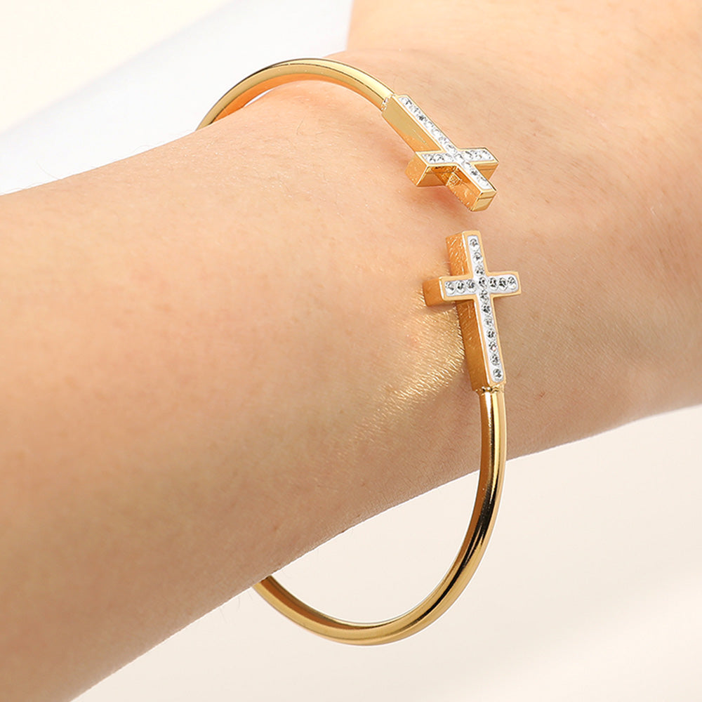 Stainless Steel Stone Paved Cross Tip Cuff