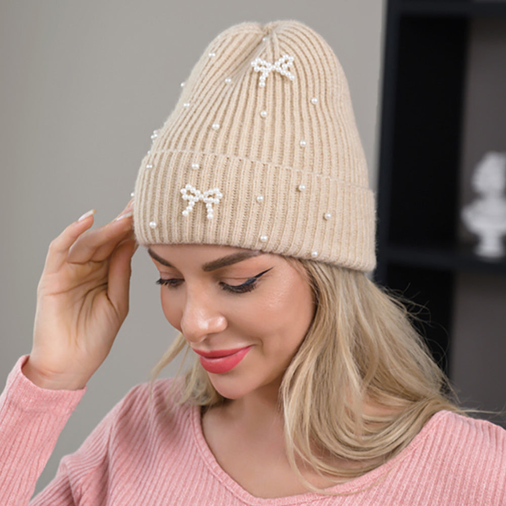 Bow Pearl Embellished Knitted Beanie
