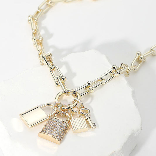 14K Gold Plated Stone Paved Triple Lock Pendant Chain Necklace
