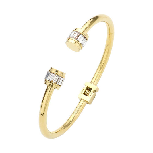 Stainless Steel Baguette Stone Nail Head Tip Hinged Cuff