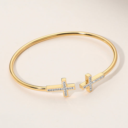 Stainless Steel Stone Paved Cross Tip Cuff