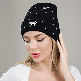 Bow Pearl Embellished Knitted Beanie