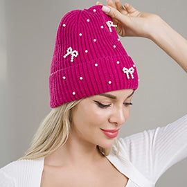 Bow Pearl Embellished Knitted Beanie