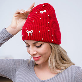 Bow Pearl Embellished Knitted Beanie
