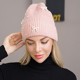 Bow Pearl Embellished Knitted Beanie